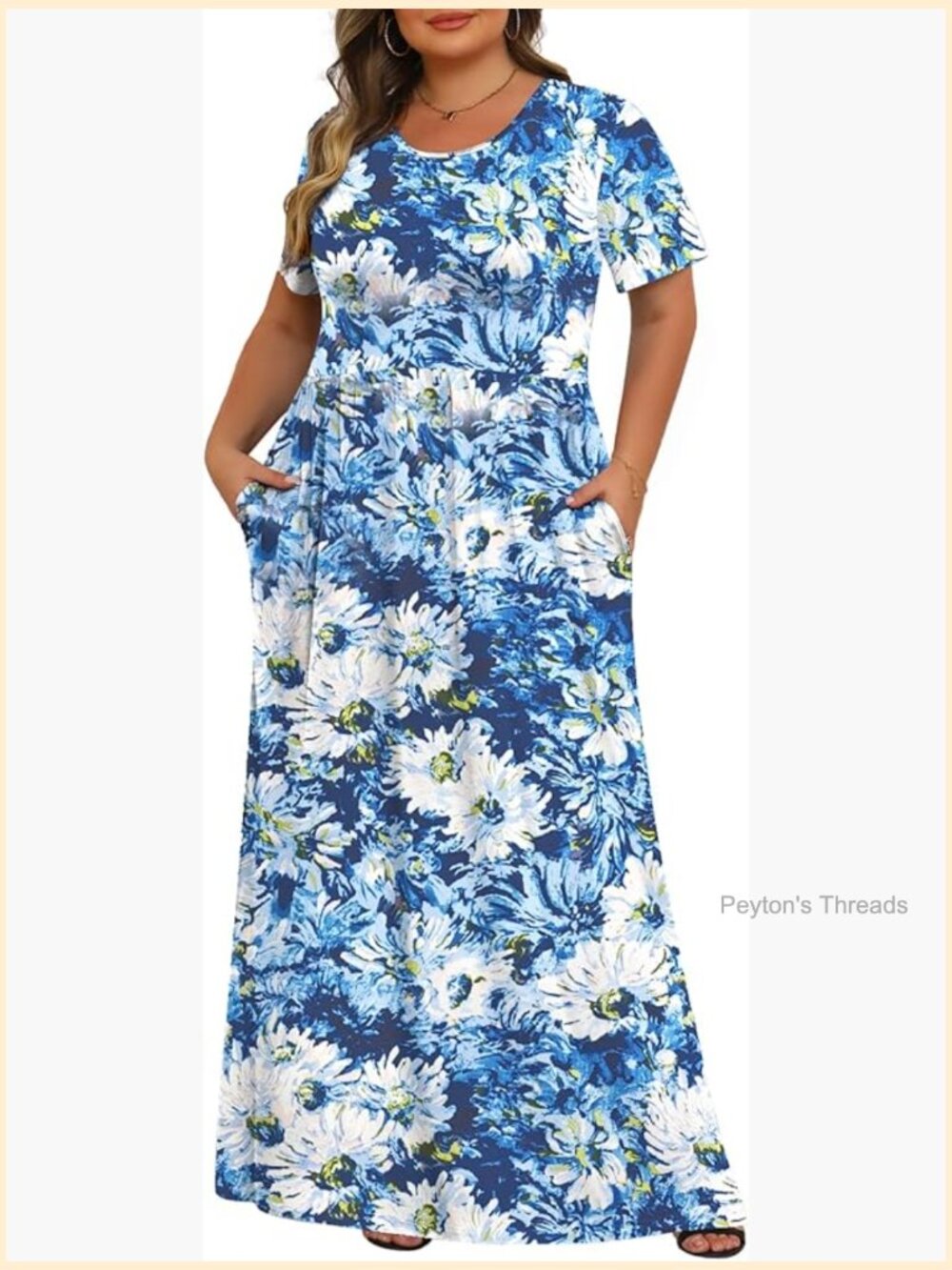 Plus Size Maxi Dress Short Sleeve Pockets Casual Long Dress 1X-5X